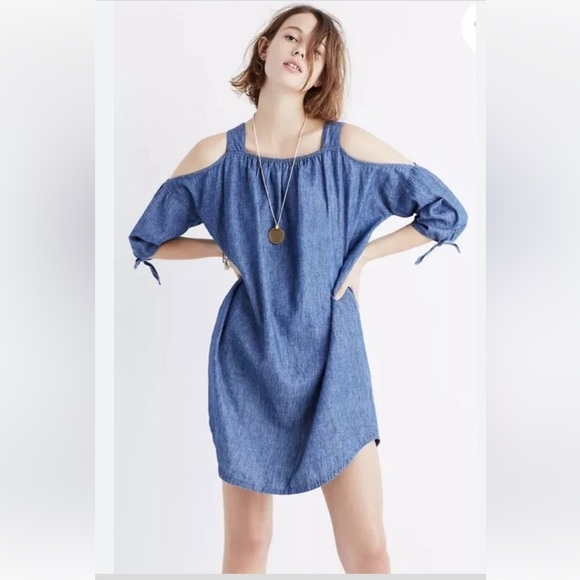 Madewell Denim Cold Shoulder Chambray Dress Blue Sz XL Linen Cotton Blend - Picture 1 of 9